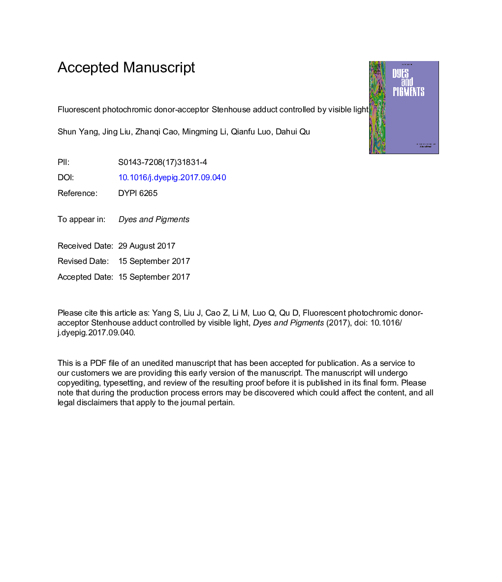 Fluorescent photochromic donor-acceptor Stenhouse adduct controlled by visible light