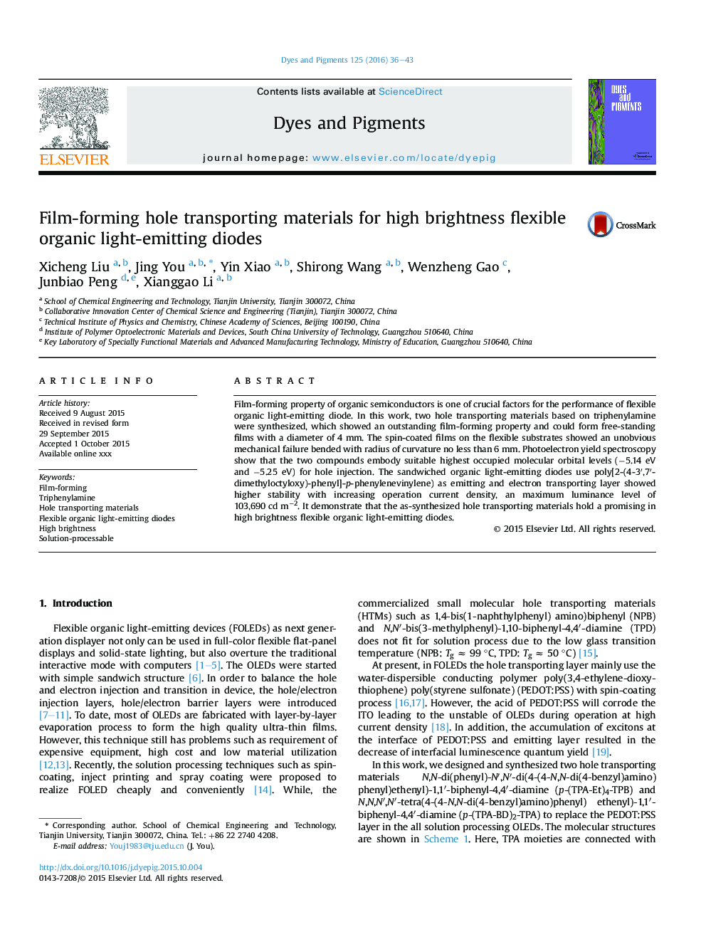 Film-forming hole transporting materials for high brightness flexible organic light-emitting diodes