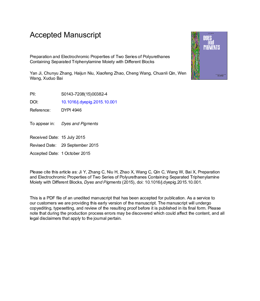 خواص آماده سازی و الکتروکرومیک دو سری از پلی اورتان ها حاوی ترفنیلامین جدا شده با بلوک های مختلف است 