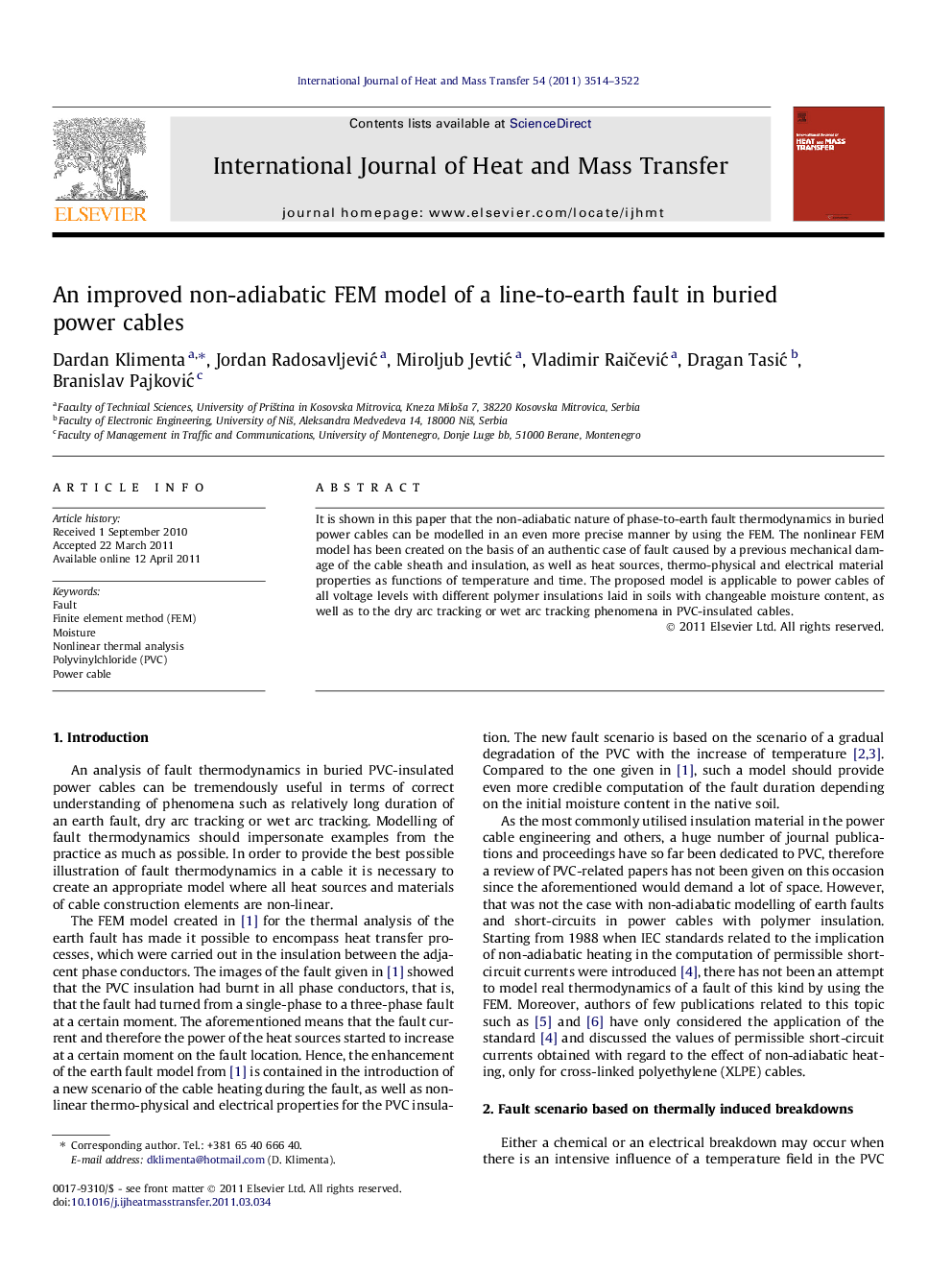 An improved non-adiabatic FEM model of a line-to-earth fault in buried power cables