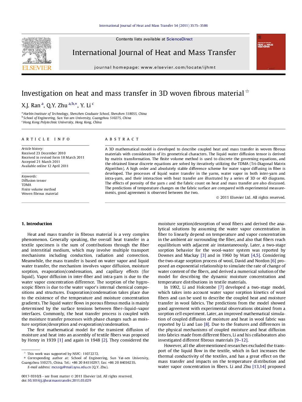 Investigation on heat and mass transfer in 3D woven fibrous material 