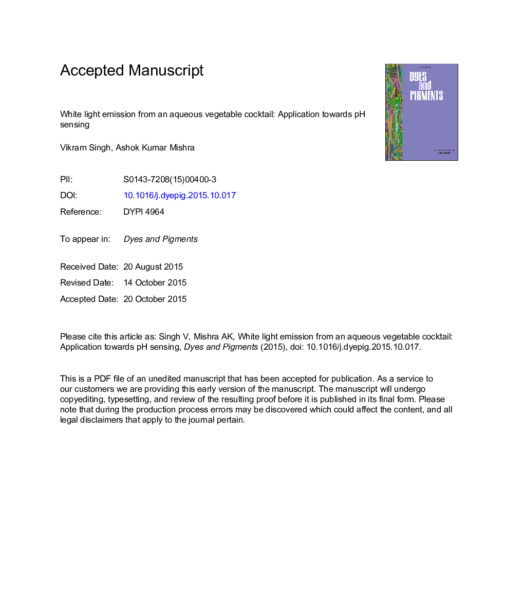 White light emission from an aqueous vegetable cocktail: Application towards pH sensing