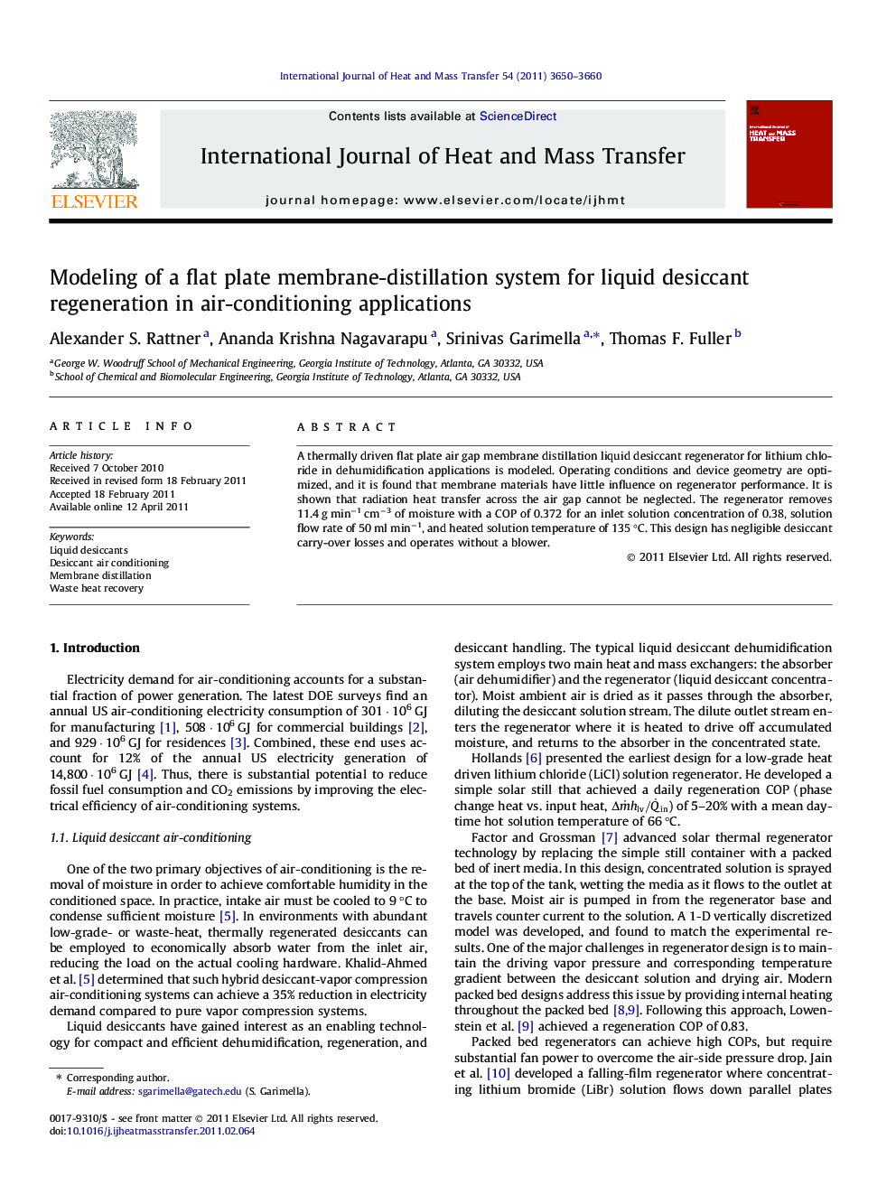 Modeling of a flat plate membrane-distillation system for liquid desiccant regeneration in air-conditioning applications