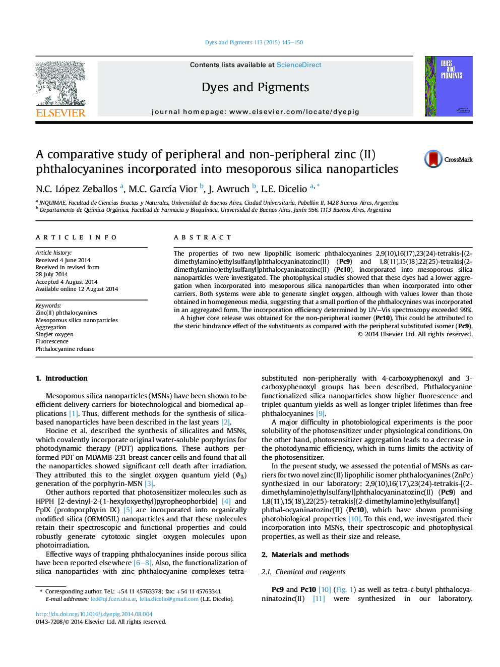 A comparative study of peripheral and non-peripheral zinc (II) phthalocyanines incorporated into mesoporous silica nanoparticles