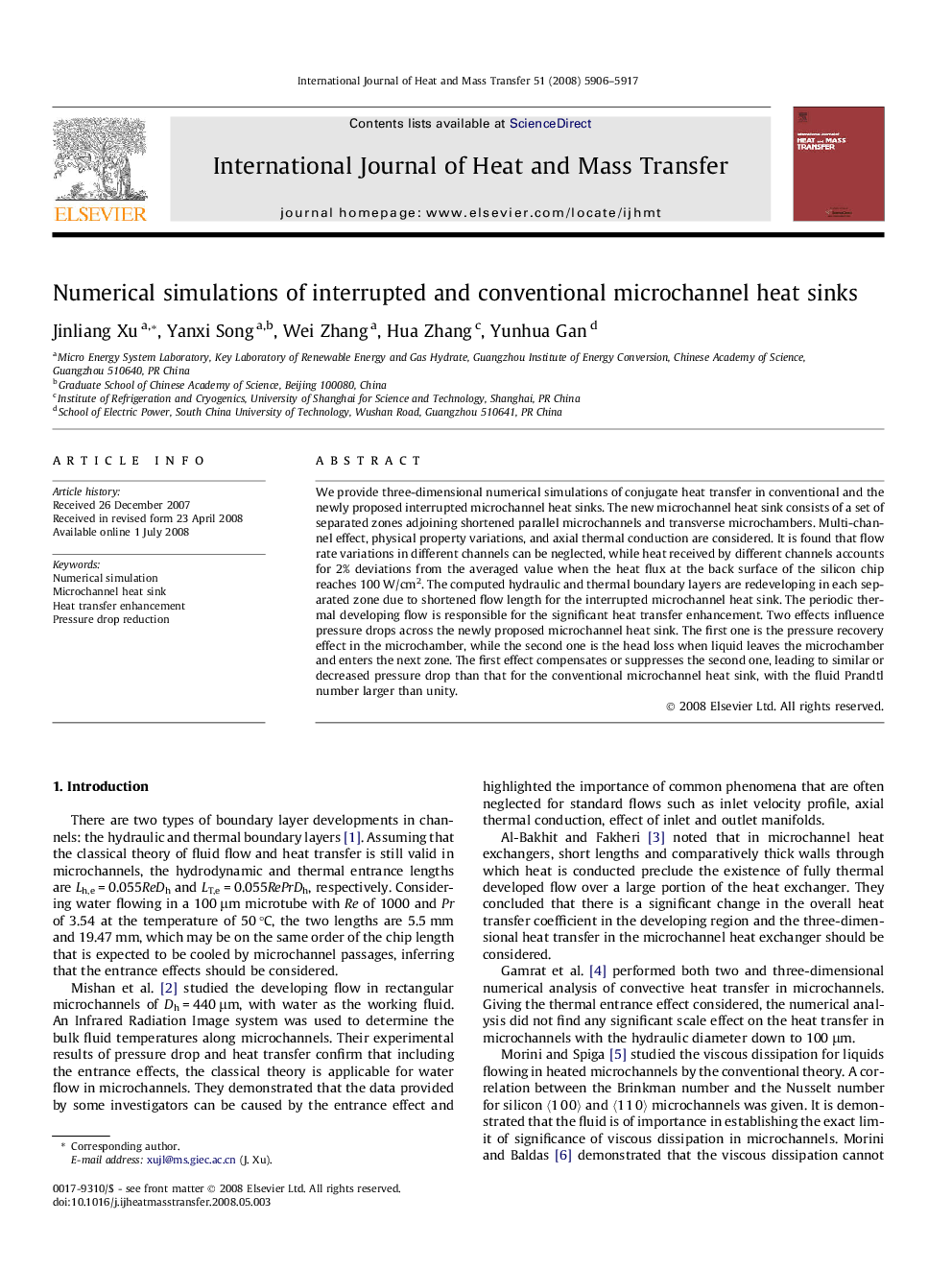 Numerical simulations of interrupted and conventional microchannel heat sinks