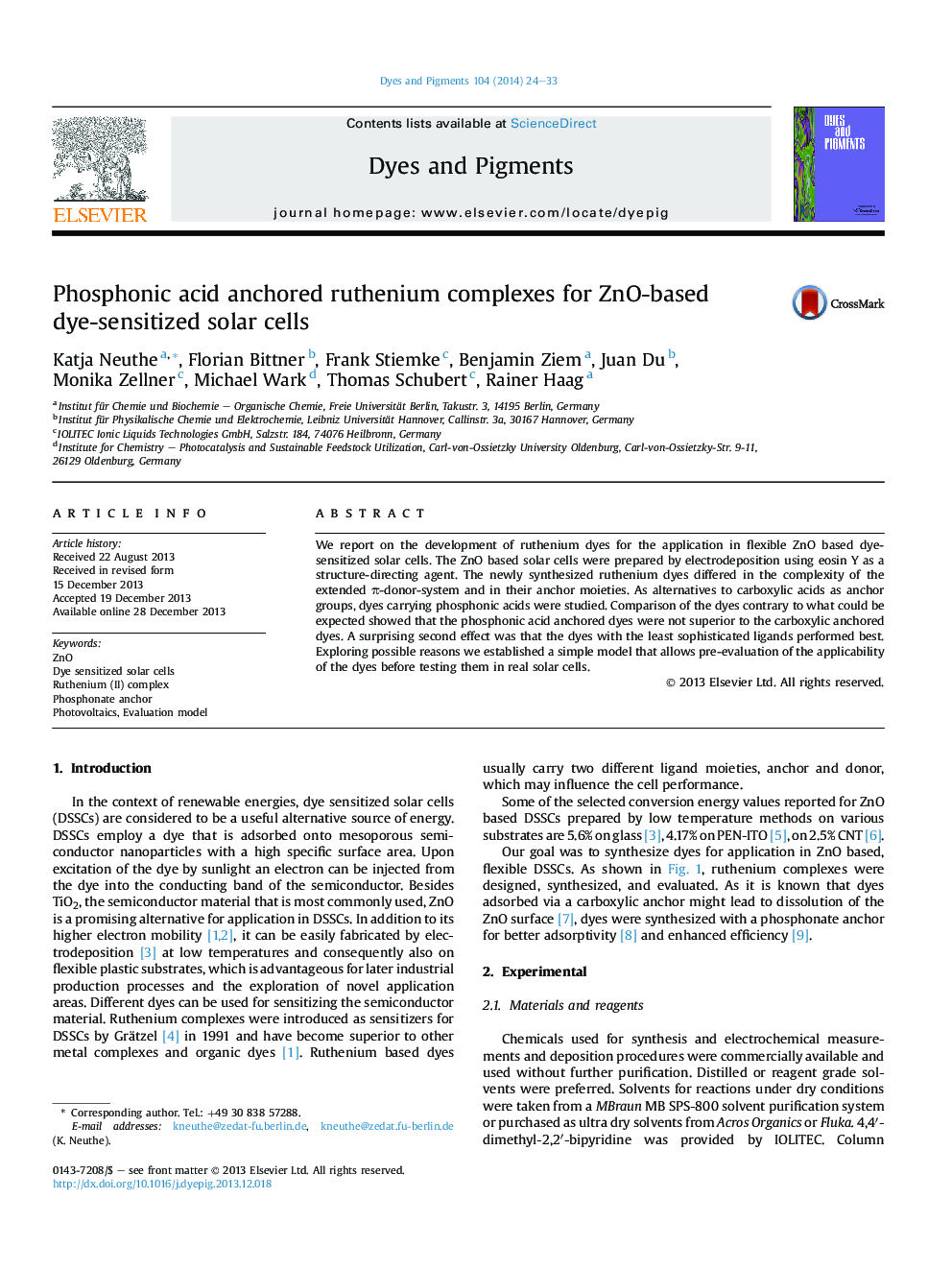 عکس صفحه اول مقاله: Phosphonic acid anchored ruthenium complexes for ZnO-based dye-sensitized solar cells Phosphonic acid anchored ruthenium complexes for ZnO-based dye-sensitized solar cells
