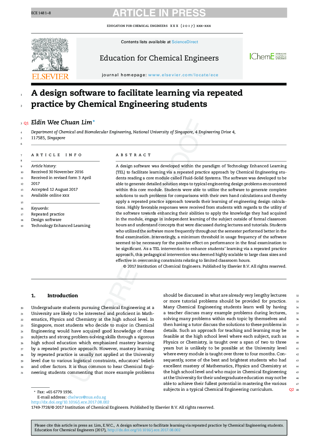 A design software to facilitate learning via repeated practice by Chemical Engineering students