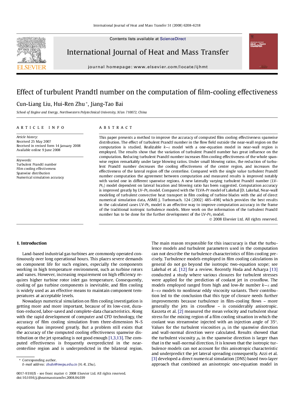 Effect of turbulent Prandtl number on the computation of film-cooling effectiveness