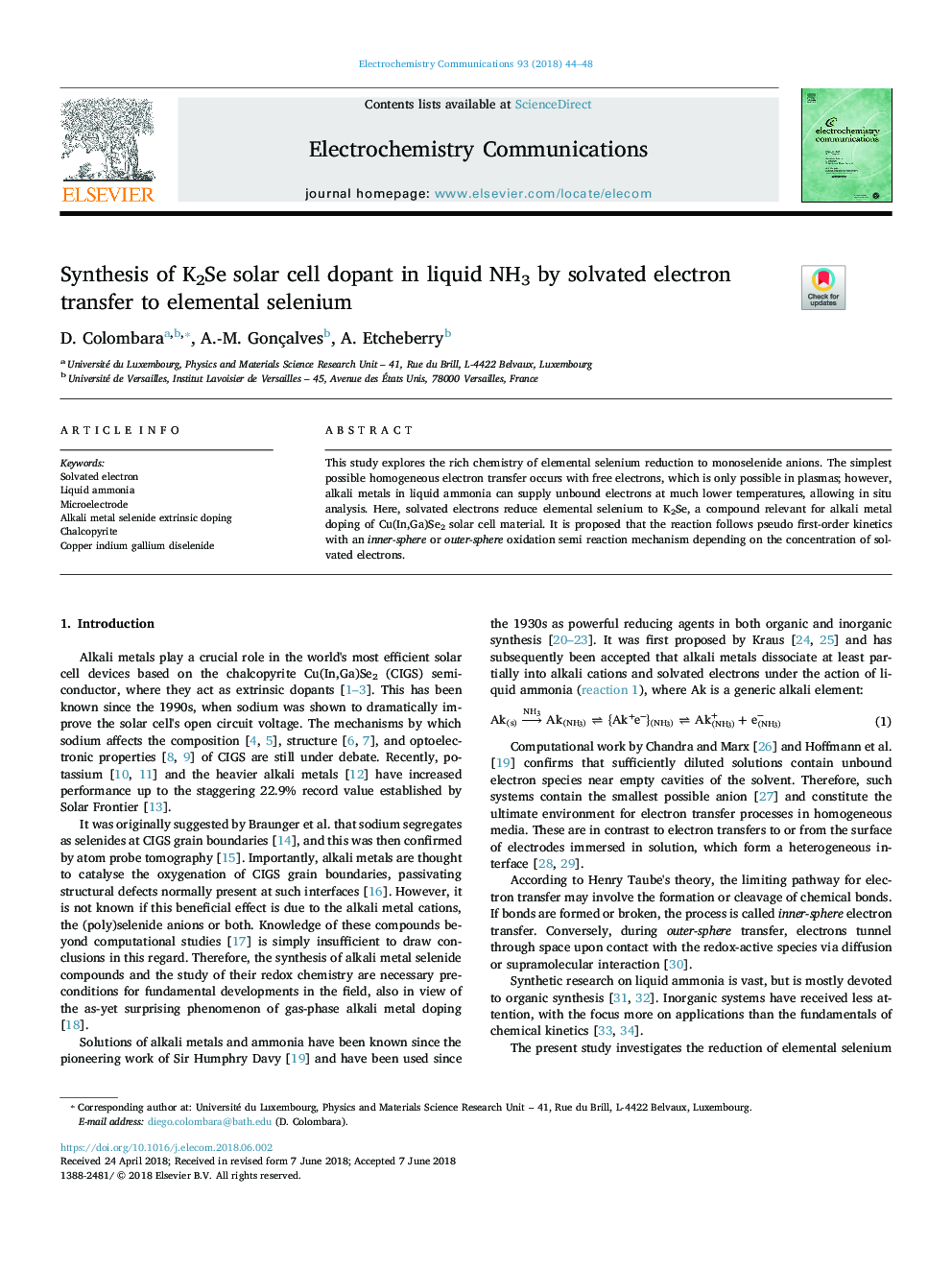 Synthesis of K2Se solar cell dopant in liquid NH3 by solvated electron transfer to elemental selenium