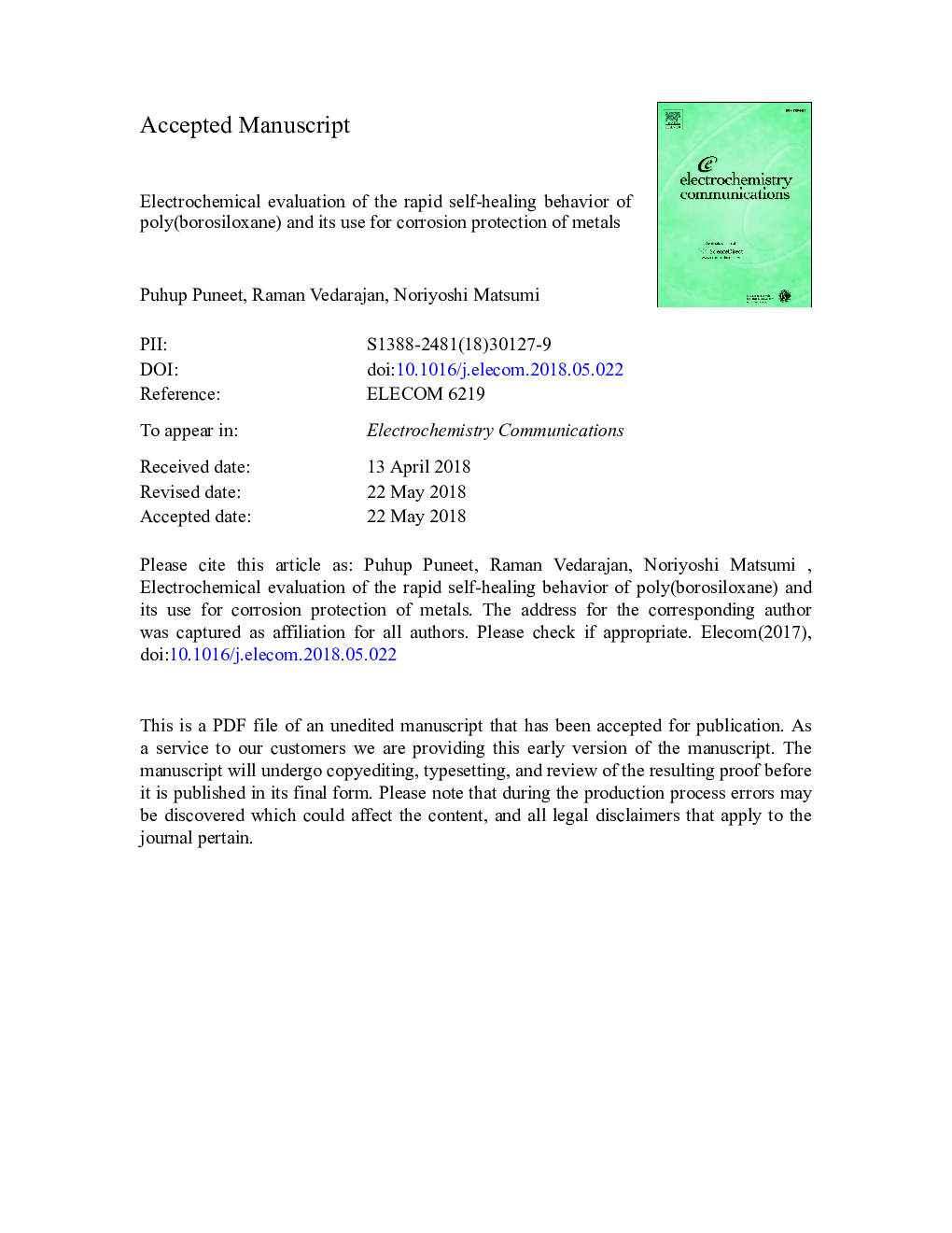 Electrochemical evaluation of the rapid self-healing behavior of poly(borosiloxane) and its use for corrosion protection of metals