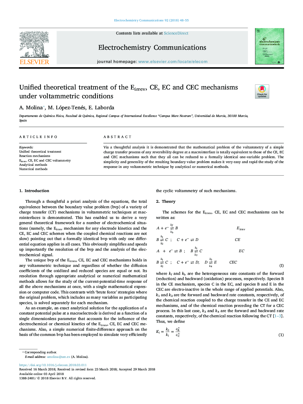 Unified theoretical treatment of the Eirrev, CE, EC and CEC mechanisms under voltammetric conditions