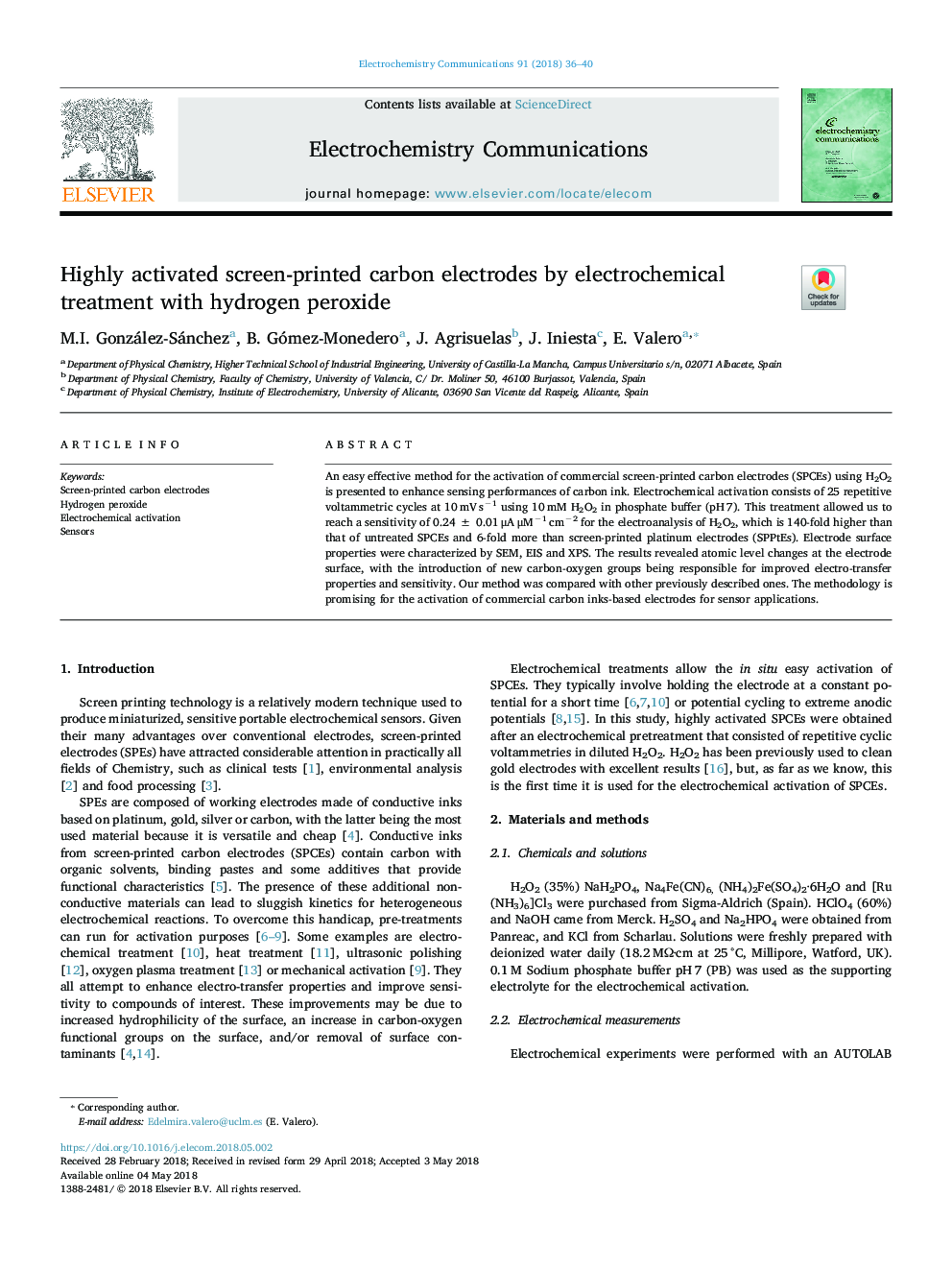 Highly activated screen-printed carbon electrodes by electrochemical treatment with hydrogen peroxide