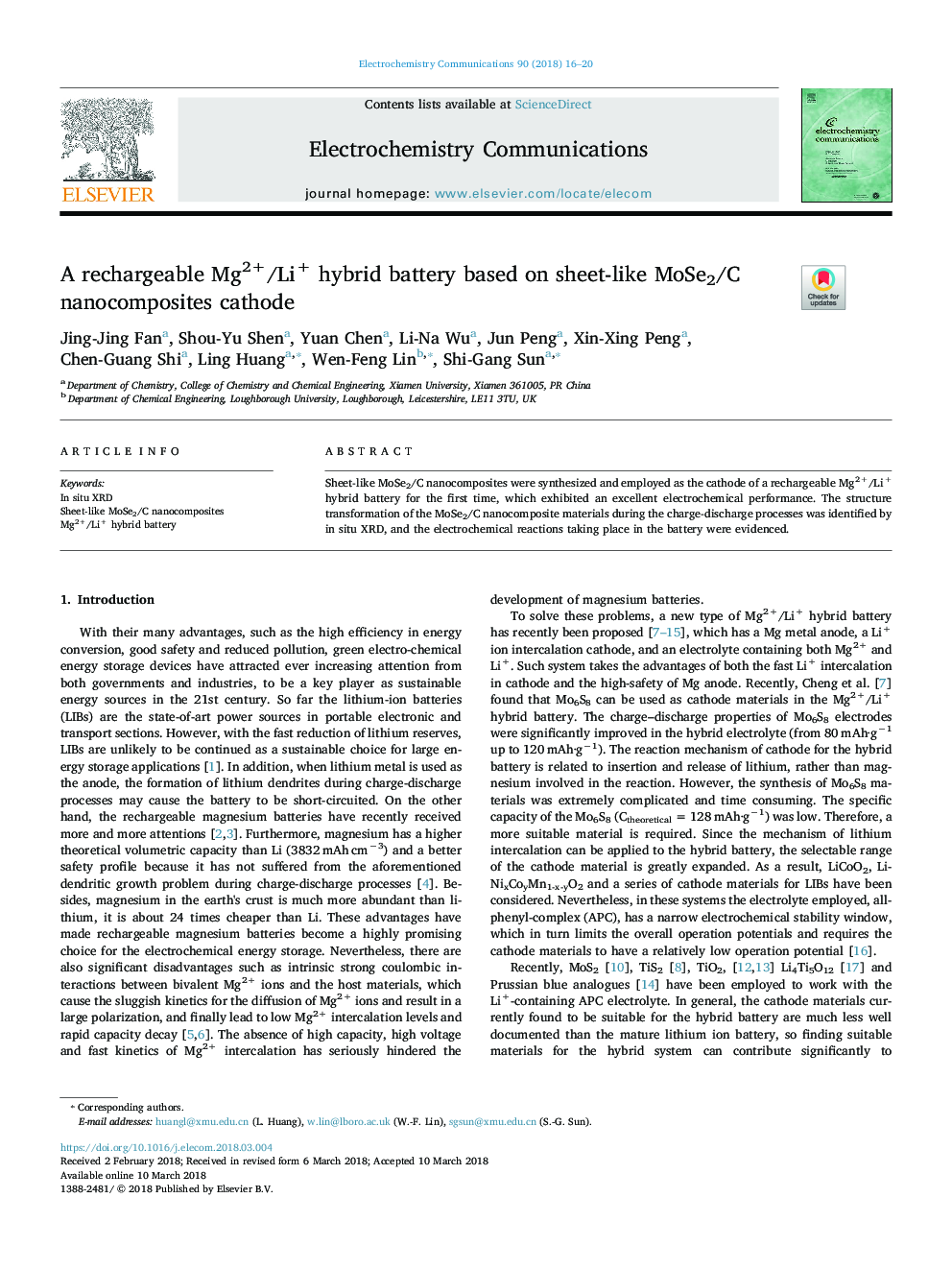 عکس صفحه اول مقاله: A rechargeable Mg2+/Li+ hybrid battery based on sheet-like MoSe2/C nanocomposites cathode A rechargeable Mg2+/Li+ hybrid battery based on sheet-like MoSe2/C nanocomposites cathode