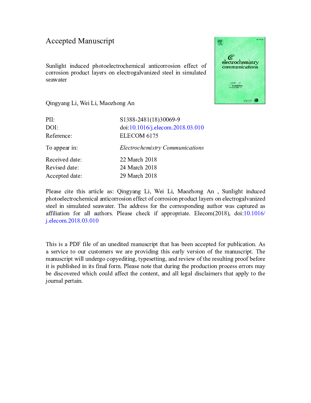 Sunlight induced photoelectrochemical anticorrosion effect of corrosion product layers on electrogalvanized steel in simulated seawater