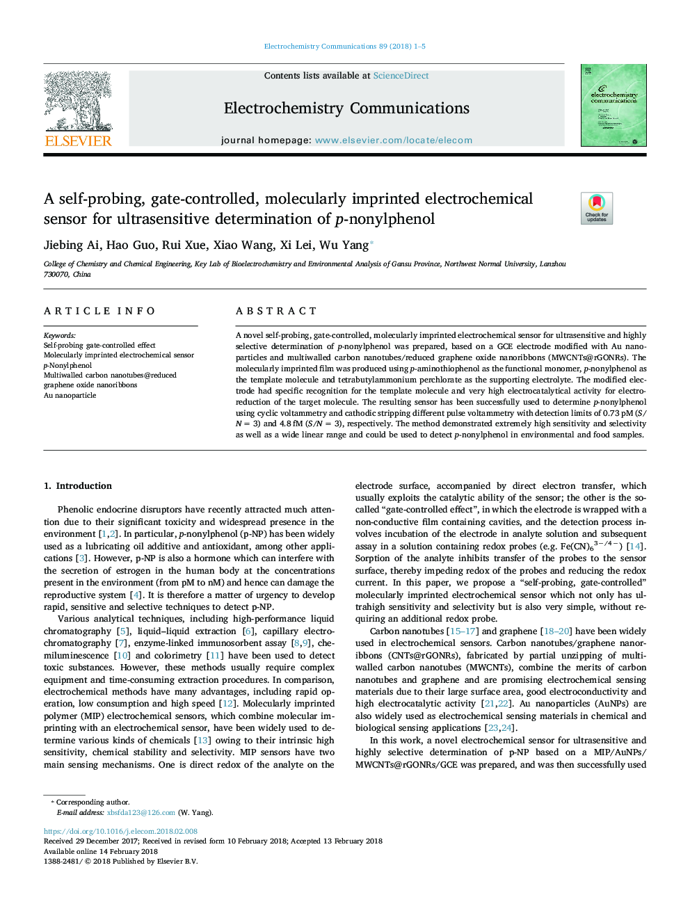 A self-probing, gate-controlled, molecularly imprinted electrochemical sensor for ultrasensitive determination of p-nonylphenol