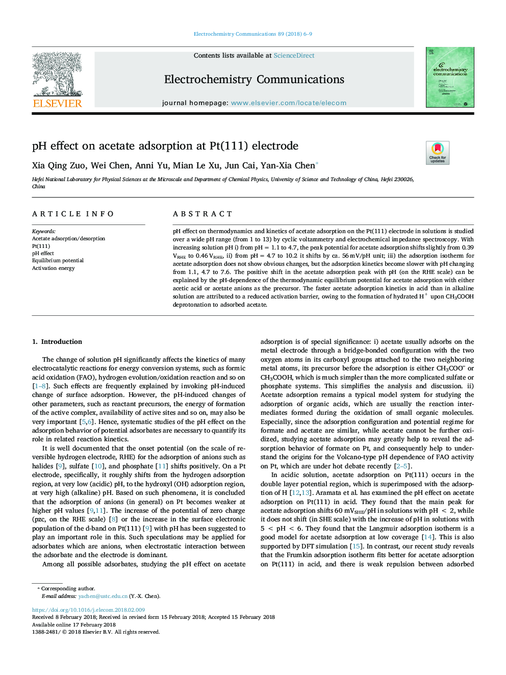 pH effect on acetate adsorption at Pt(111) electrode