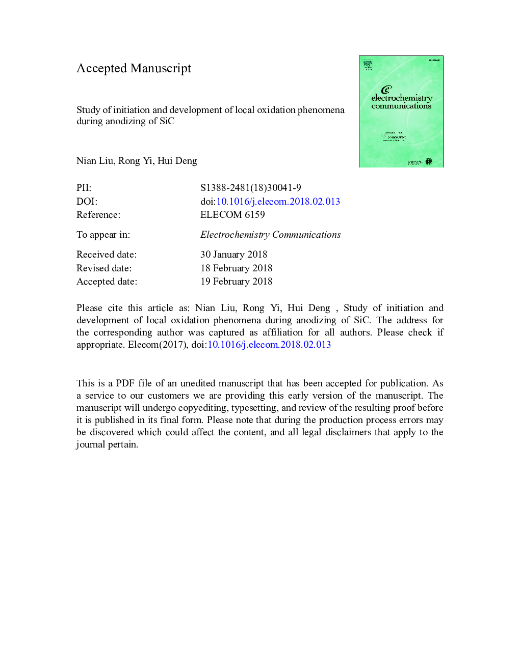 Study of initiation and development of local oxidation phenomena during anodizing of SiC