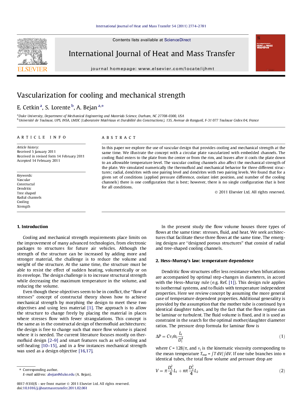 Vascularization for cooling and mechanical strength