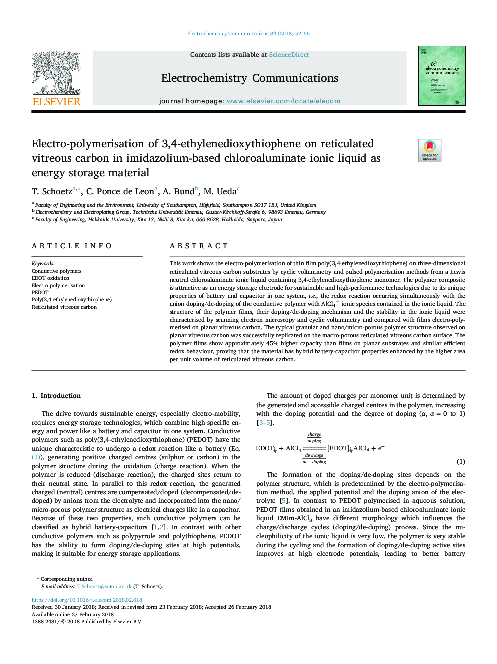 Electro-polymerisation of 3,4-ethylenedioxythiophene on reticulated vitreous carbon in imidazolium-based chloroaluminate ionic liquid as energy storage material