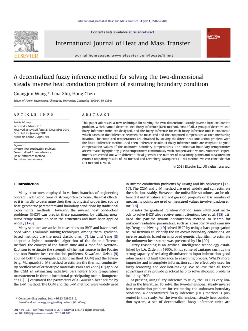 A decentralized fuzzy inference method for solving the two-dimensional steady inverse heat conduction problem of estimating boundary condition