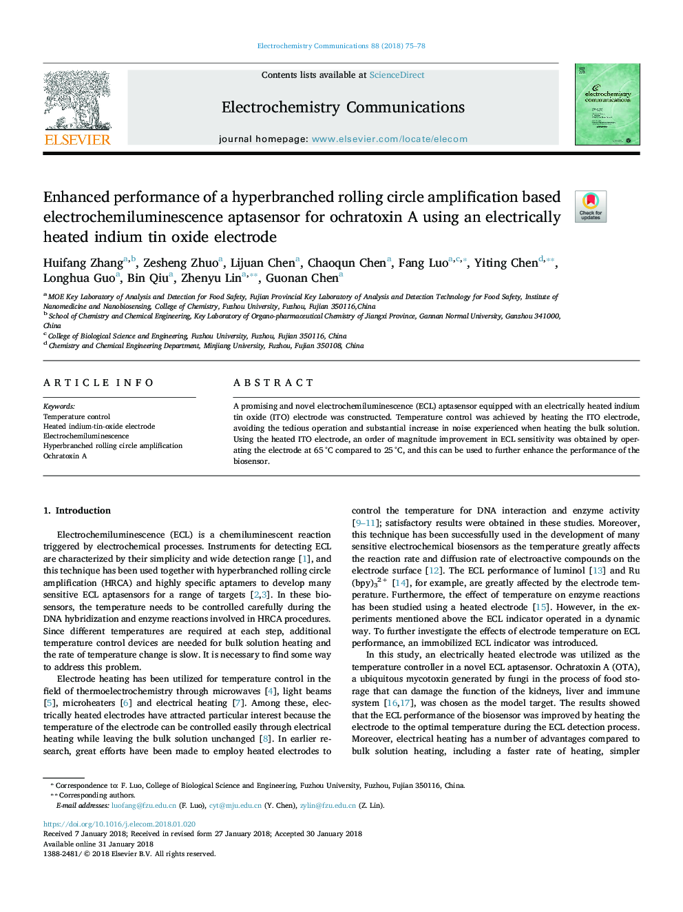 Enhanced performance of a hyperbranched rolling circle amplification based electrochemiluminescence aptasensor for ochratoxin A using an electrically heated indium tin oxide electrode