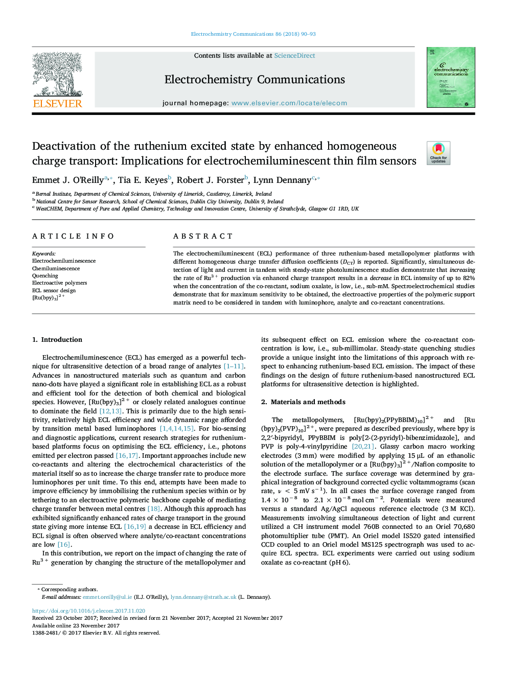 Deactivation of the ruthenium excited state by enhanced homogeneous charge transport: Implications for electrochemiluminescent thin film sensors