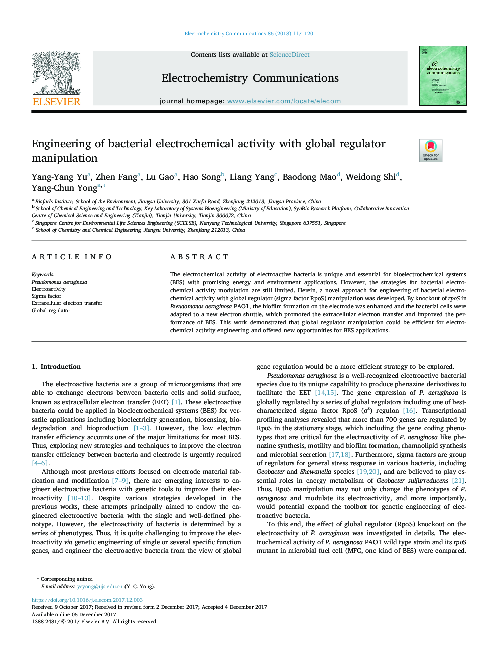 Engineering of bacterial electrochemical activity with global regulator manipulation