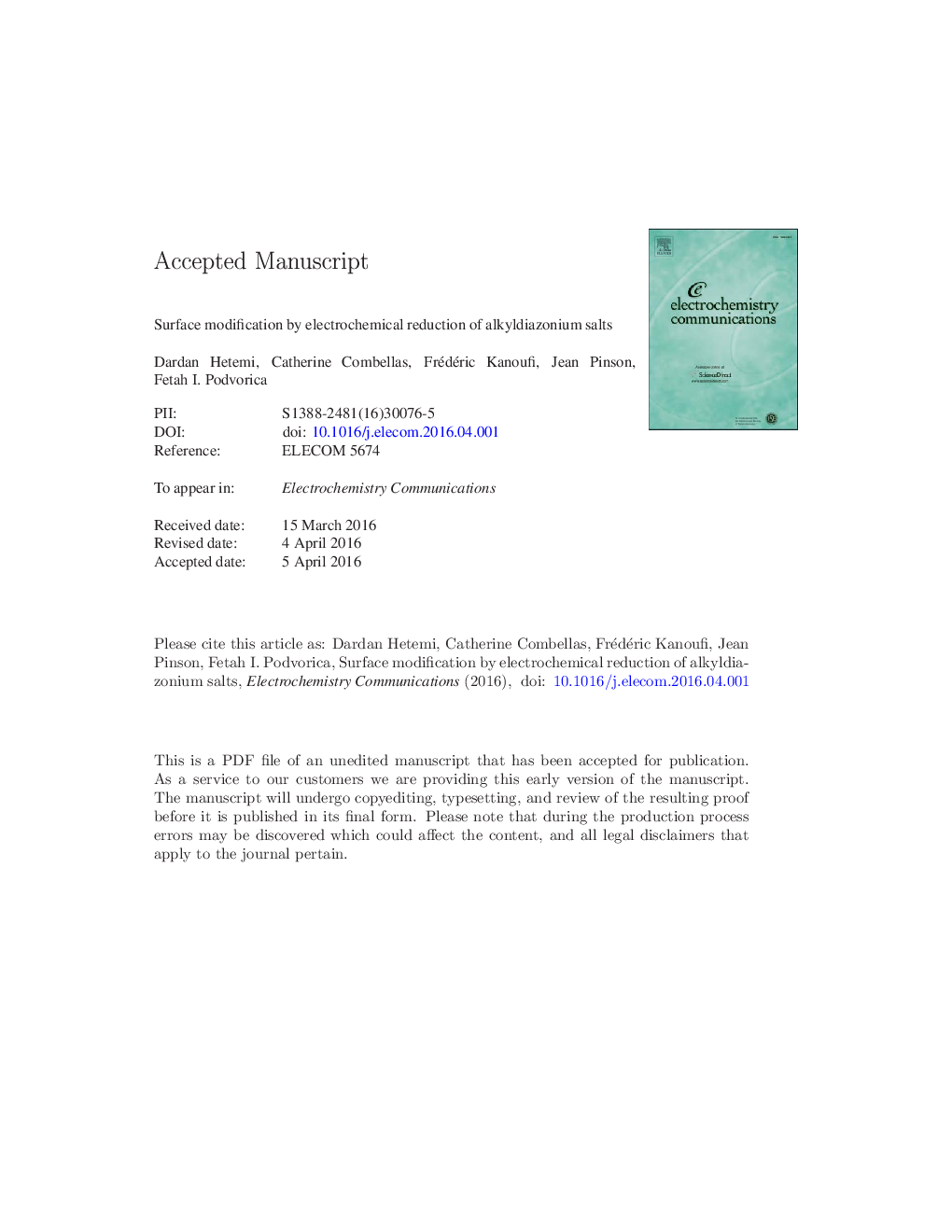 Surface modification by electrochemical reduction of alkyldiazonium salts