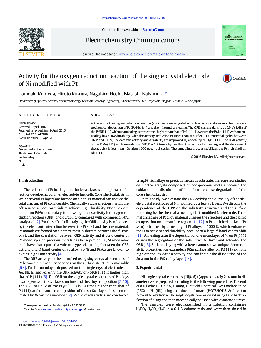 Activity for the oxygen reduction reaction of the single crystal electrode of Ni modified with Pt