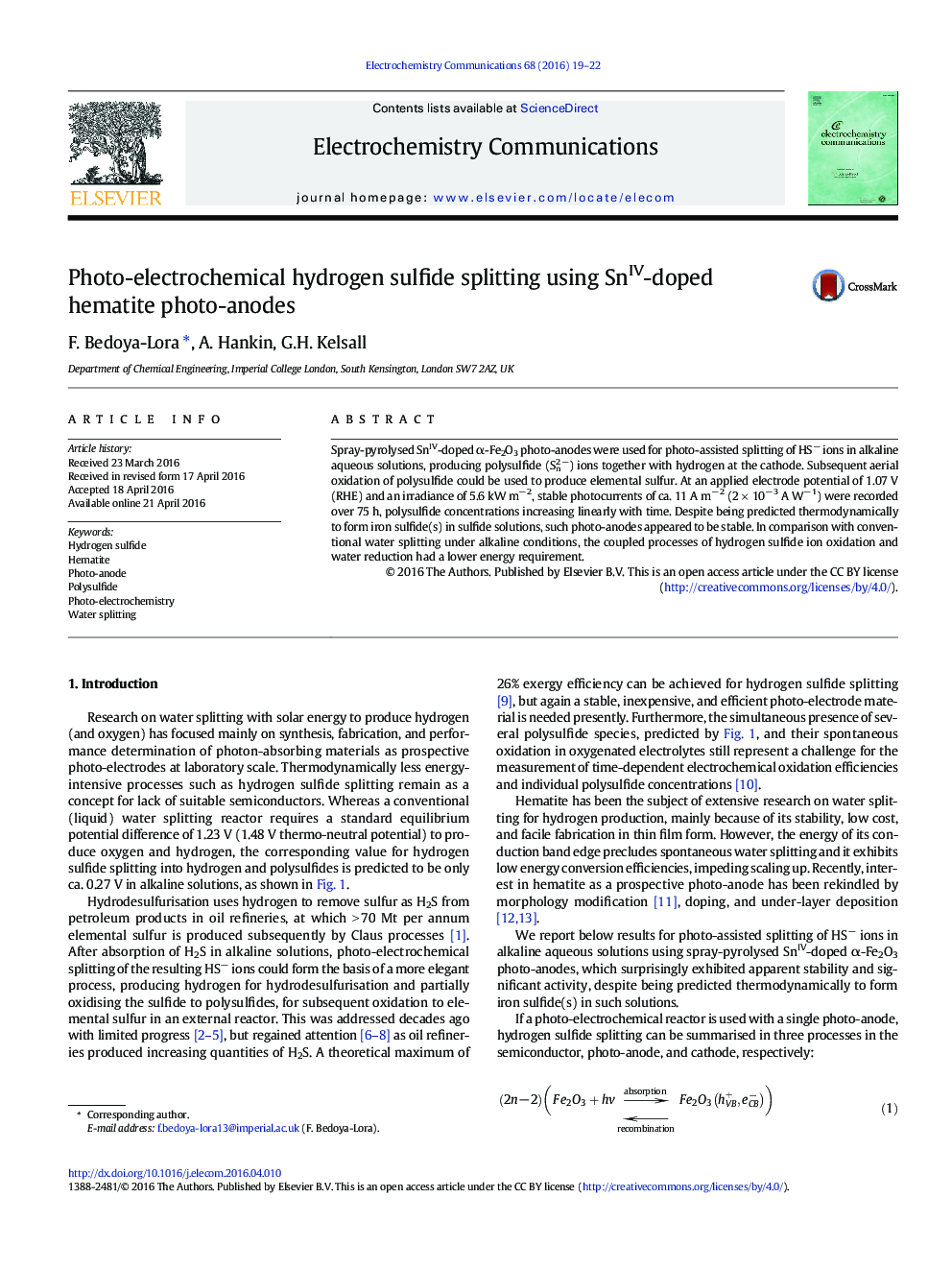 Photo-electrochemical hydrogen sulfide splitting using SnIV-doped hematite photo-anodes