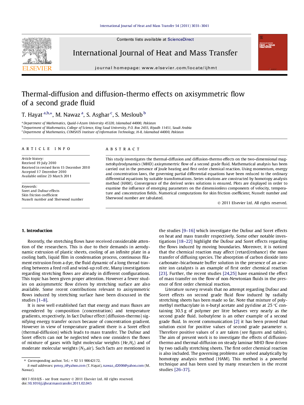 Thermal-diffusion and diffusion-thermo effects on axisymmetric flow of a second grade fluid