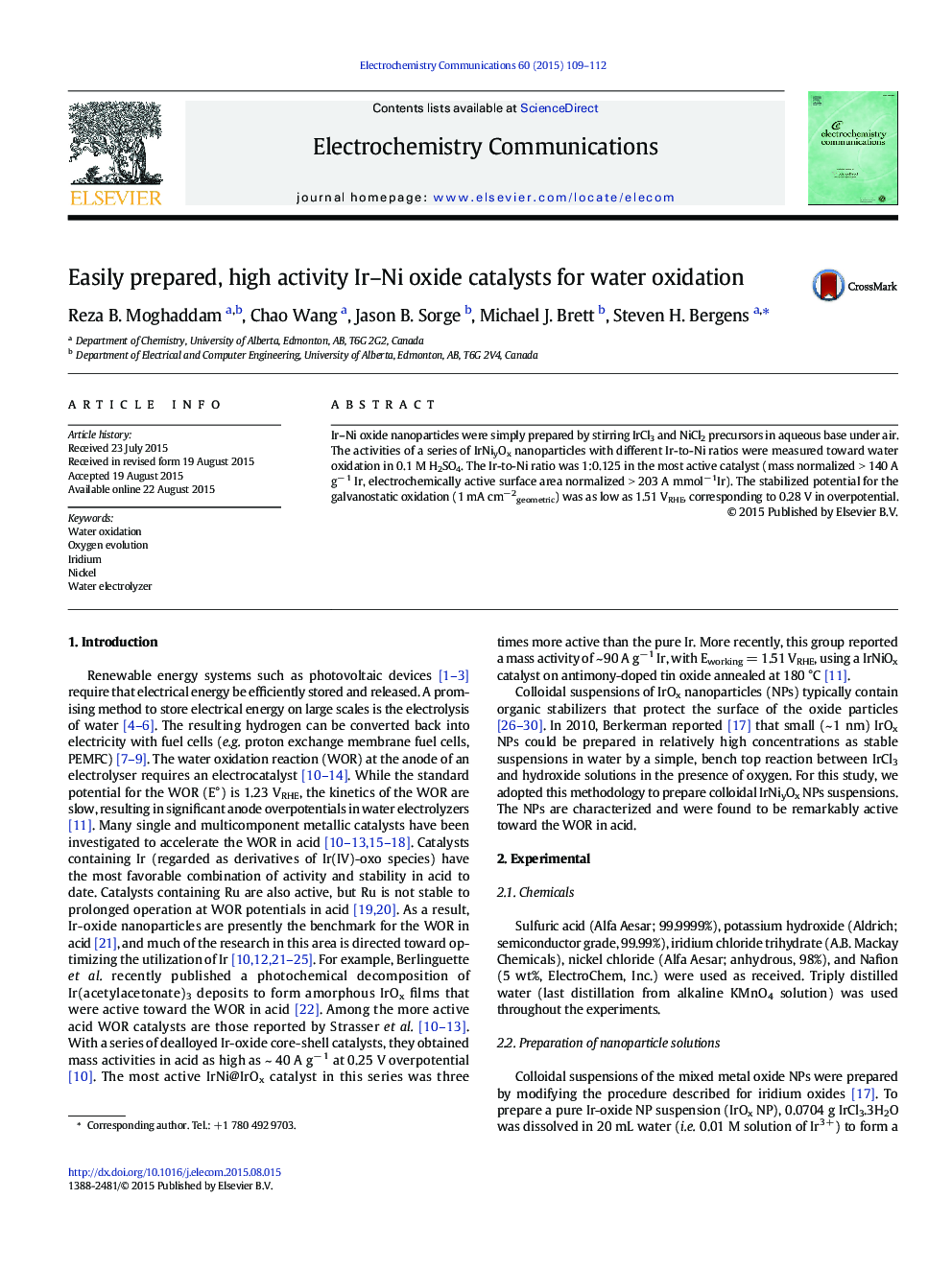 Easily prepared, high activity Ir-Ni oxide catalysts for water oxidation