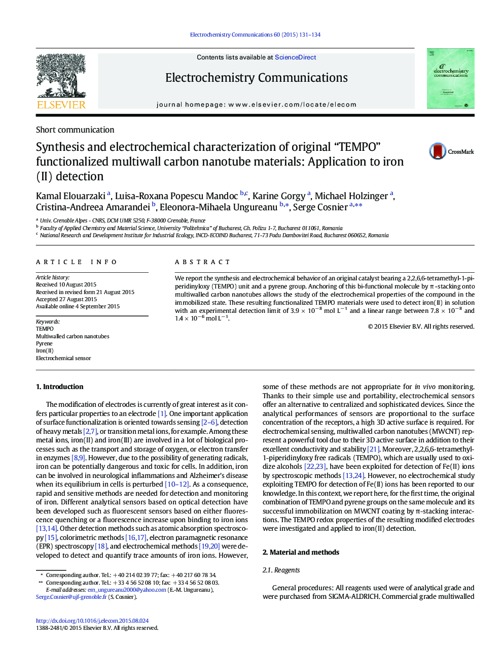 Synthesis and electrochemical characterization of original “TEMPO” functionalized multiwall carbon nanotube materials: Application to iron (II) detection