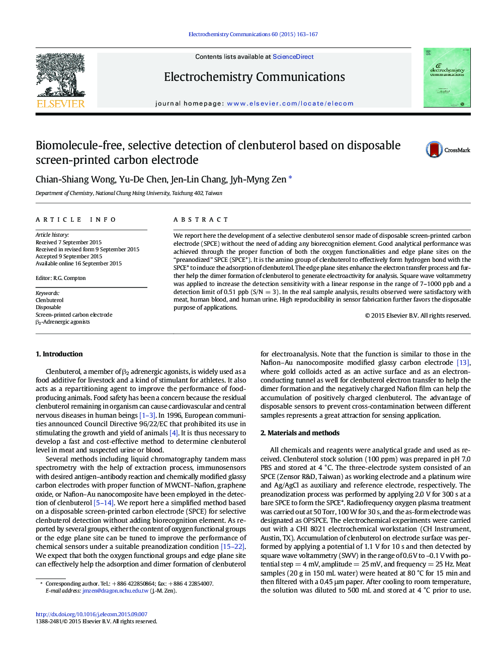 Biomolecule-free, selective detection of clenbuterol based on disposable screen-printed carbon electrode