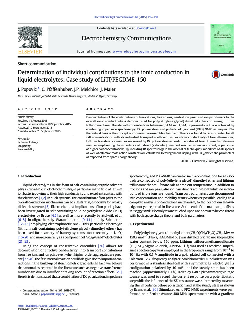 Determination of individual contributions to the ionic conduction in liquid electrolytes: Case study of LiTf/PEGDME-150