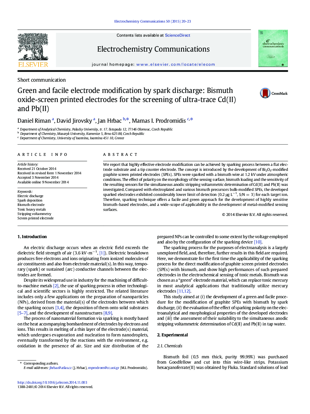 Green and facile electrode modification by spark discharge: Bismuth oxide-screen printed electrodes for the screening of ultra-trace Cd(II) and Pb(II)