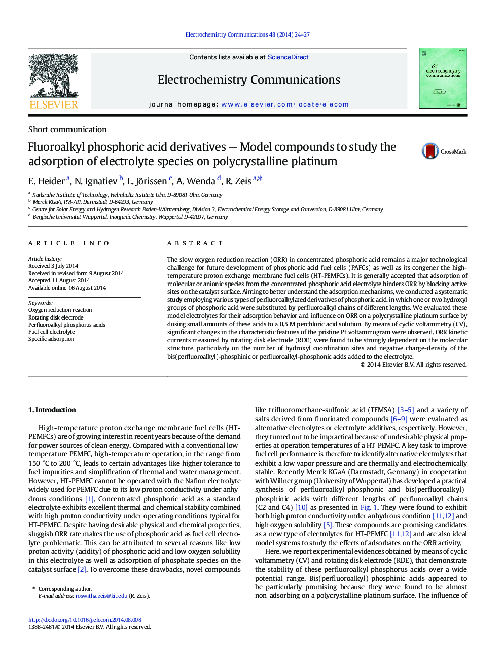 Fluoroalkyl phosphoric acid derivatives - Model compounds to study the adsorption of electrolyte species on polycrystalline platinum