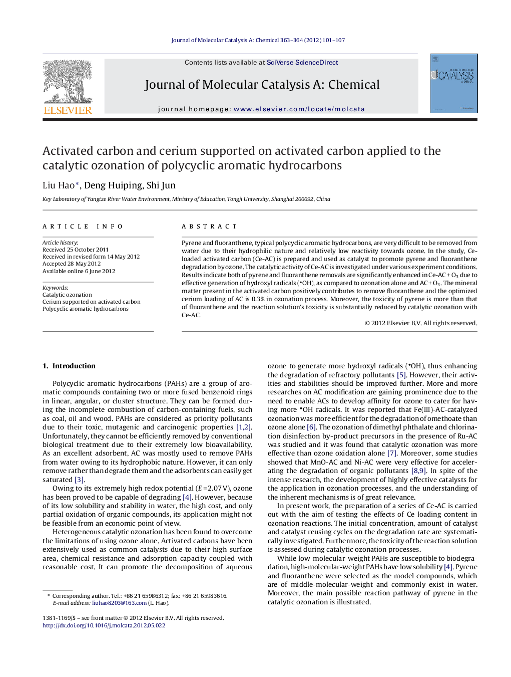 Activated carbon and cerium supported on activated carbon applied to the catalytic ozonation of polycyclic aromatic hydrocarbons