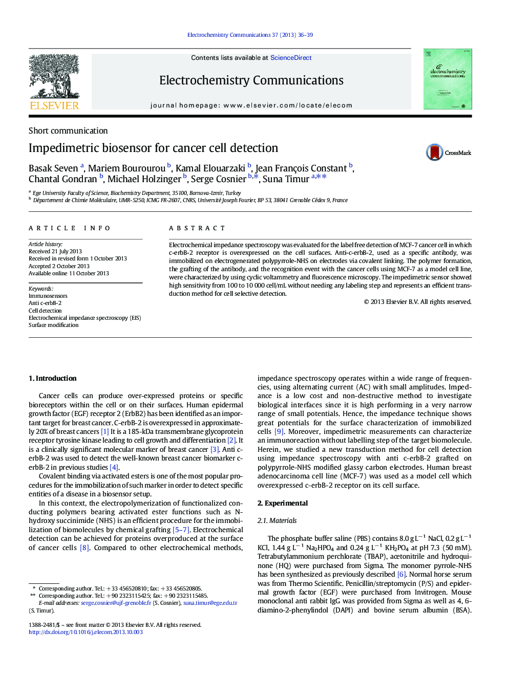 Impedimetric biosensor for cancer cell detection