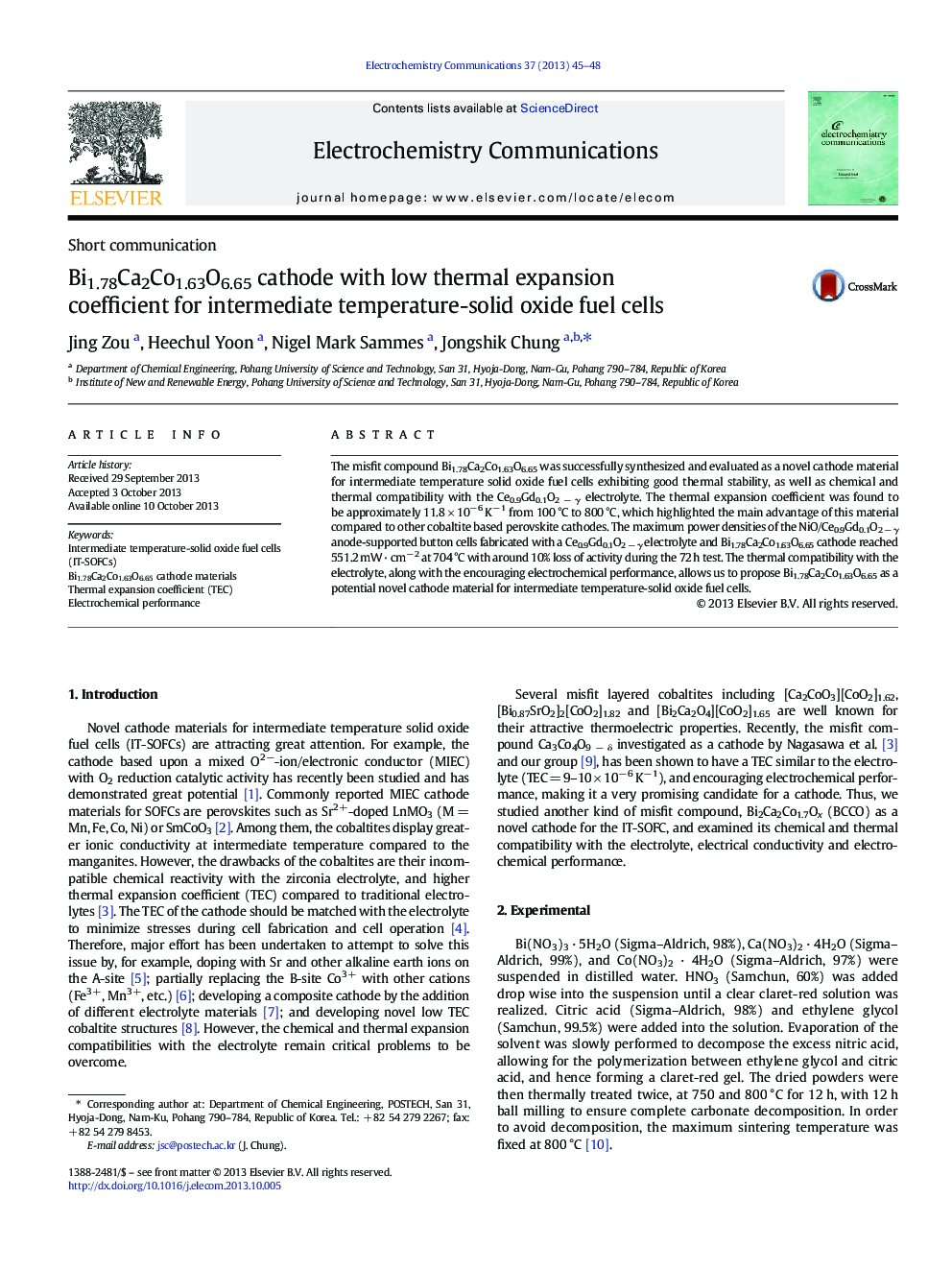 Bi1.78Ca2Co1.63O6.65 cathode with low thermal expansion coefficient for intermediate temperature-solid oxide fuel cells