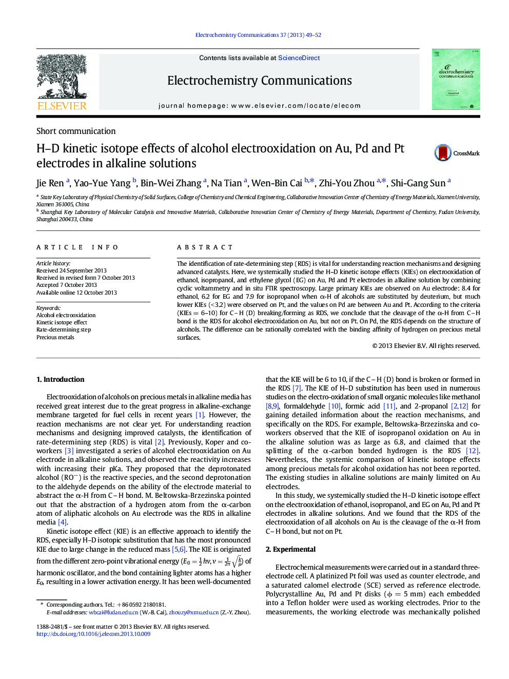 H-D kinetic isotope effects of alcohol electrooxidation on Au, Pd and Pt electrodes in alkaline solutions