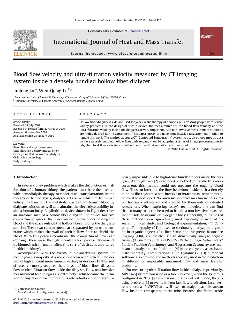 Blood flow velocity and ultra-filtration velocity measured by CT imaging system inside a densely bundled hollow fiber dialyzer