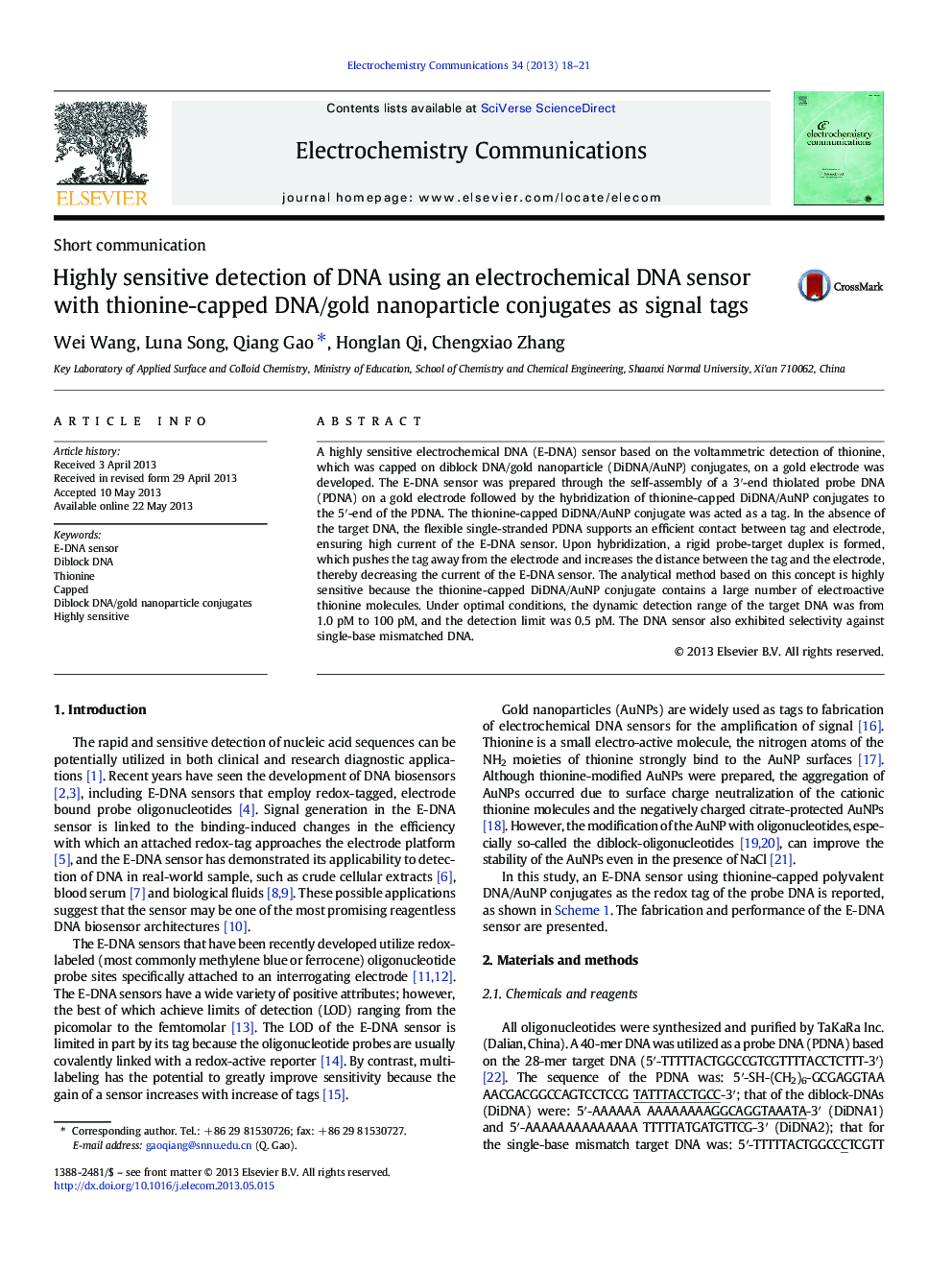 Highly sensitive detection of DNA using an electrochemical DNA sensor with thionine-capped DNA/gold nanoparticle conjugates as signal tags