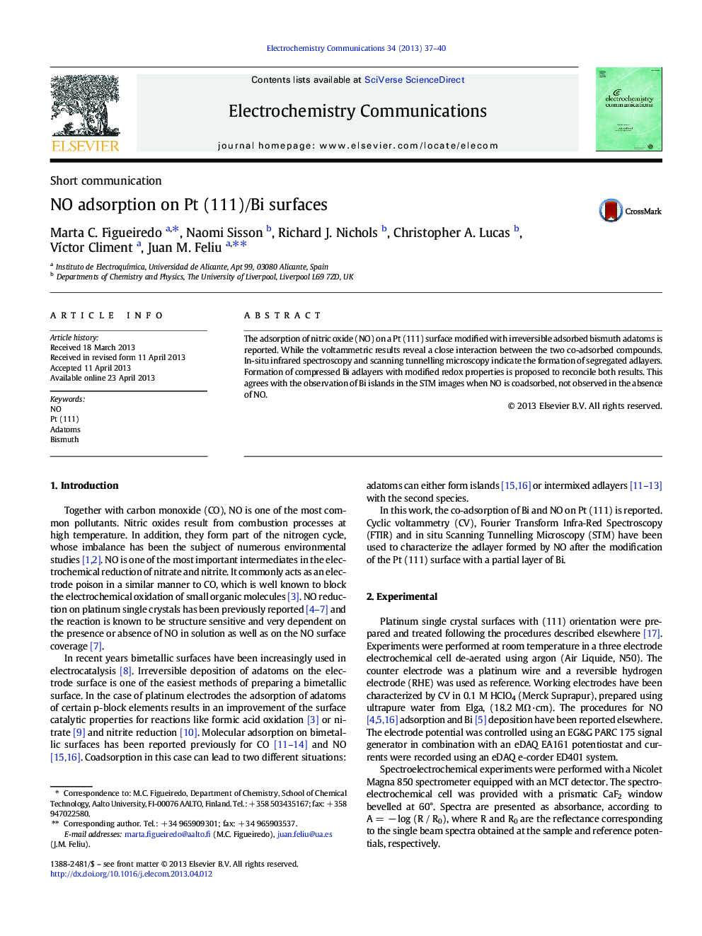 NO adsorption on Pt (111)/Bi surfaces