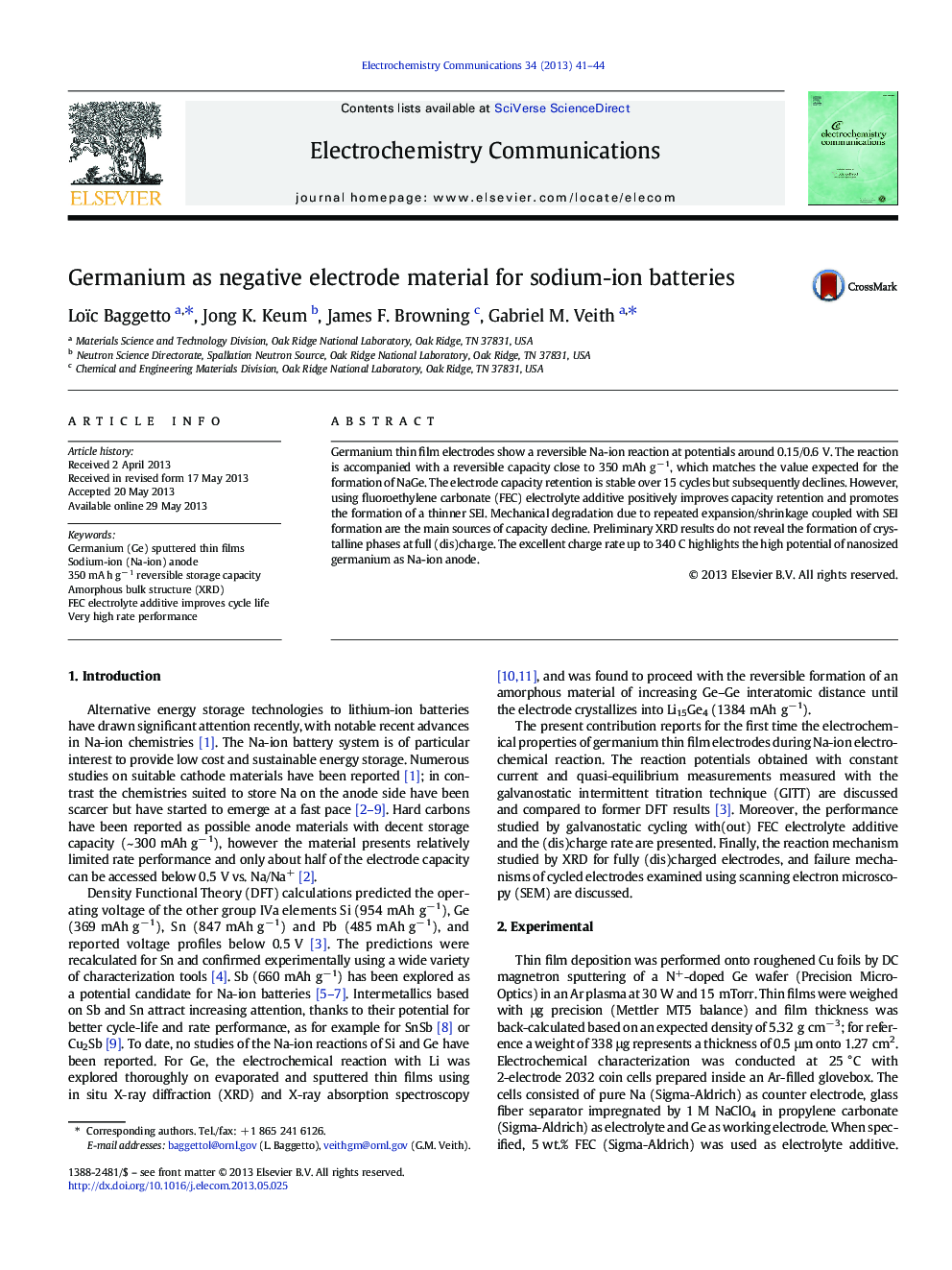 Germanium as negative electrode material for sodium-ion batteries