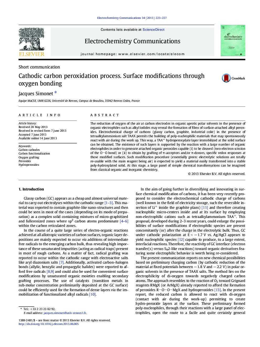 Cathodic carbon peroxidation process. Surface modifications through oxygen bonding