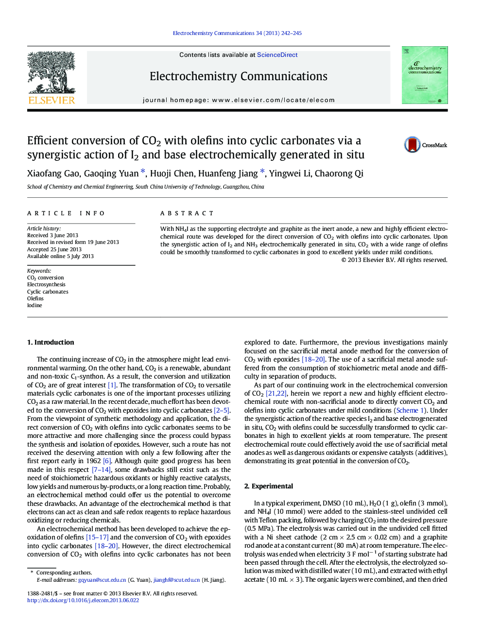 Efficient conversion of CO2 with olefins into cyclic carbonates via a synergistic action of I2 and base electrochemically generated in situ