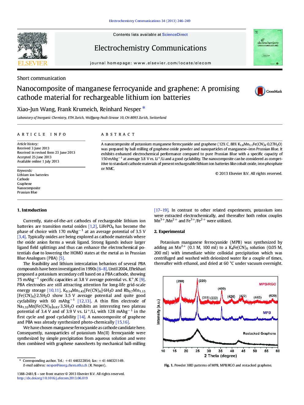 Nanocomposite of manganese ferrocyanide and graphene: A promising cathode material for rechargeable lithium ion batteries