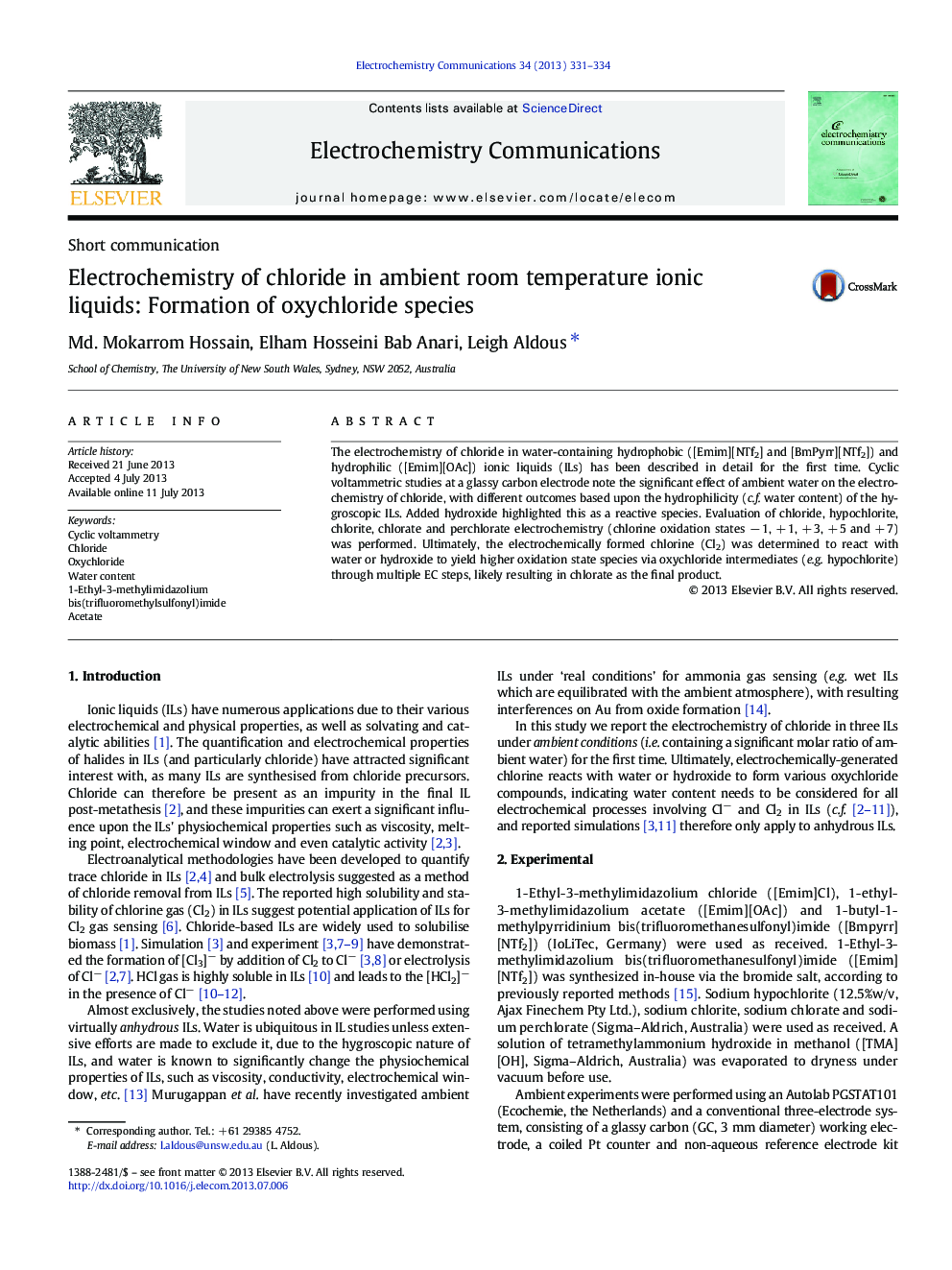 Electrochemistry of chloride in ambient room temperature ionic liquids: Formation of oxychloride species