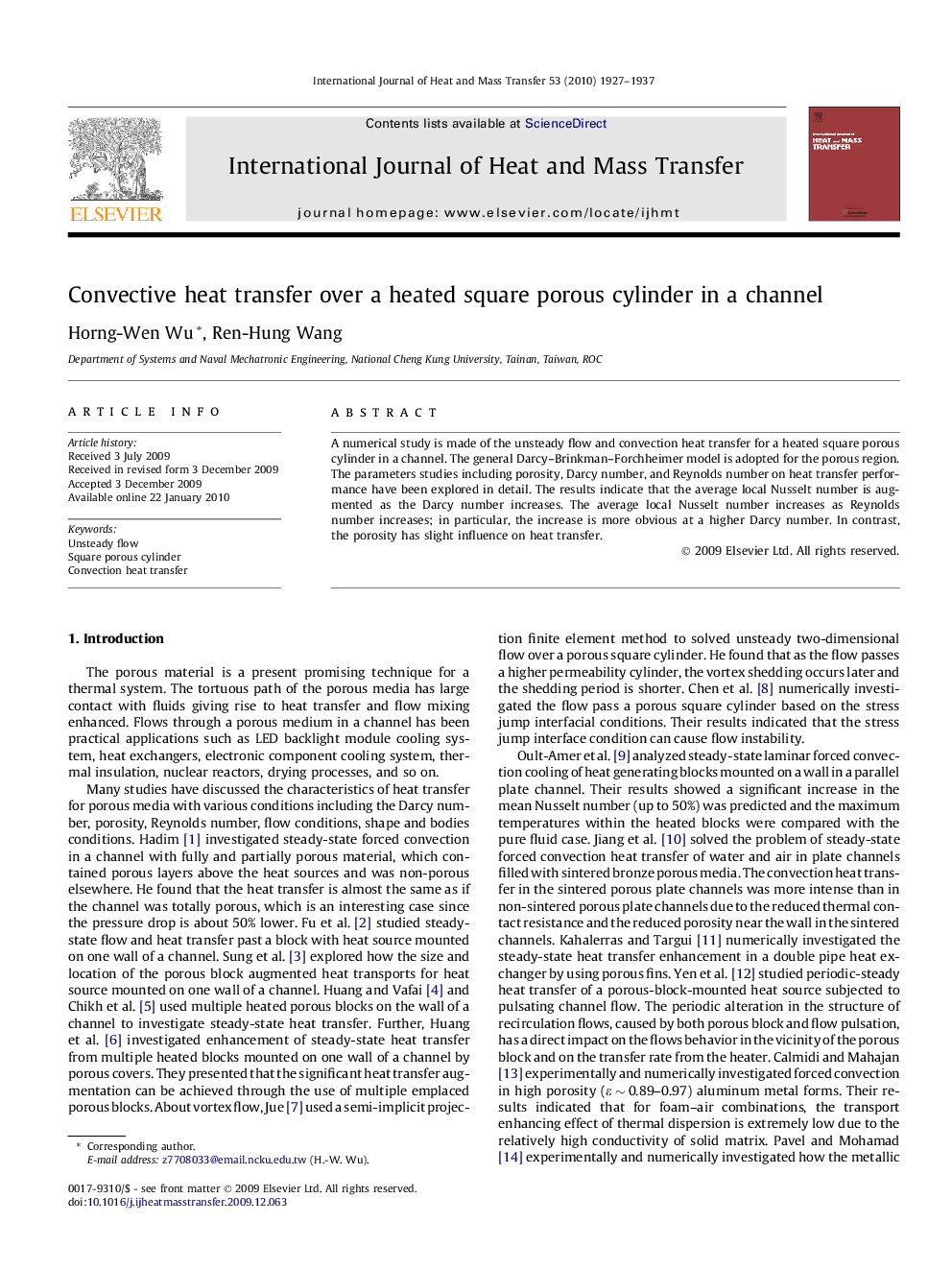 Convective heat transfer over a heated square porous cylinder in a channel